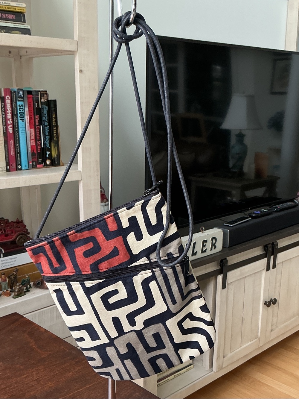 Sally Spicer small canvas crossbody in a geometric pattern with rope strap